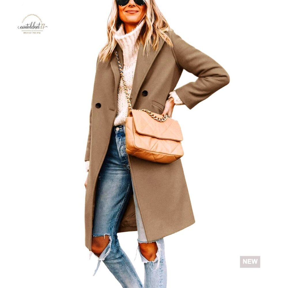 Wool Blend Peacoat Classic Notch Lapel Trench Coat Chic Winter Outerwear